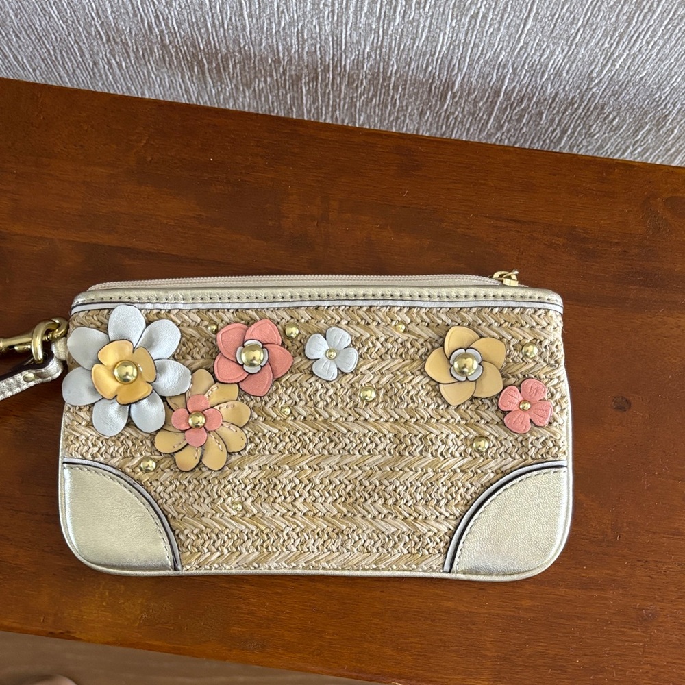 COACH Straw Floral Wristlet Clutch - Cream, Coral & Gold